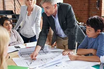 Buy stock photo Architecture, manager and business people in office with blueprint, advice and creative collaboration. Building, development and team in meeting with floor plan, ideas or workshop at design agency