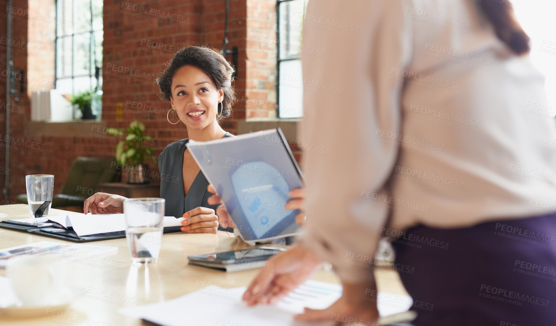 Buy stock photo Business woman, meeting and listening to speaker and office staff of public relations presentation. Professional, management and thinking with teamwork, startup and planning for project collaboration