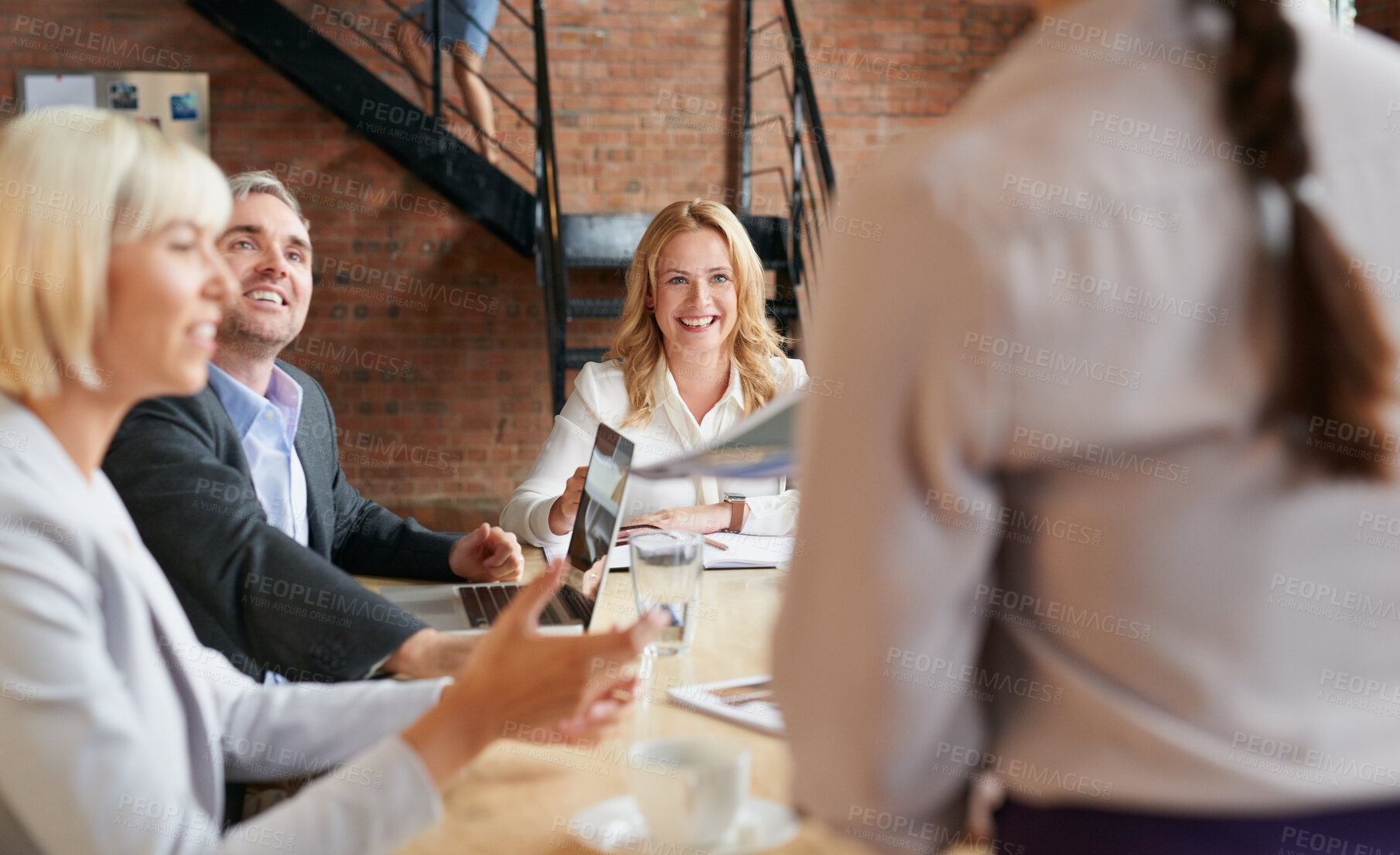 Buy stock photo Business people, meeting and CEO listening to office staff of public relations presentation with collaboration. Professional, management and thinking with teamwork, startup and planning for project