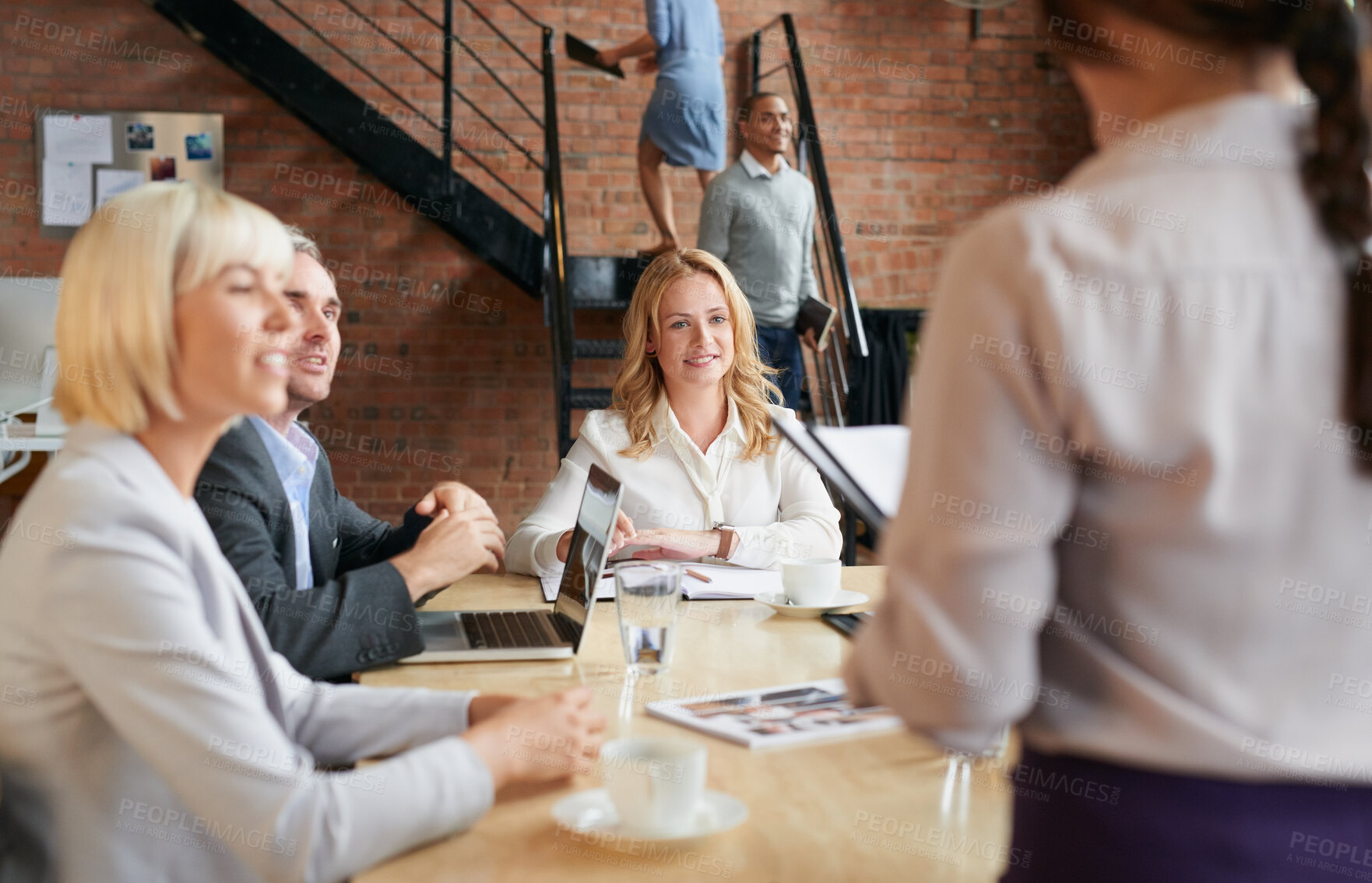 Buy stock photo Teamwork, digital marketing and business people in a meeting  presentation to review sales revenue or feedback. Seo, data analysis and woman talking or speaking to employees and management in office