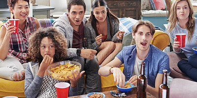 Buy stock photo Drinks, food and group of friends watching tv in home, having fun and bonding together. Relax, chips and happy people enjoy beer on sofa while streaming video or comedy movie on television in house.
