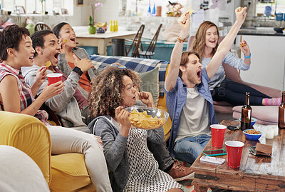 Buy stock photo Celebration, diversity and excited people watching tv, global sports event or world cup competition winner. Pride, wow goals and team support energy of social fans streaming game with beer and snacks
