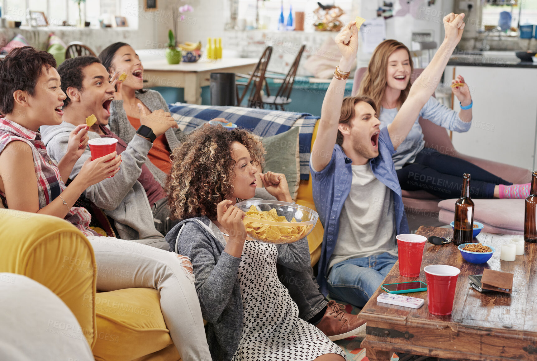 Buy stock photo Celebration, diversity and excited people watching tv, global sports event or world cup competition winner. Pride, wow goals and team support energy of social fans streaming game with beer and snacks