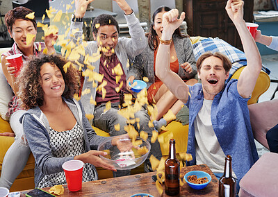 Buy stock photo Sports, fan and friends watching tv with food, chips and snacks in celebration in living room. Cheering, shouting and group of people sitting together to watch soccer game, sport event and football