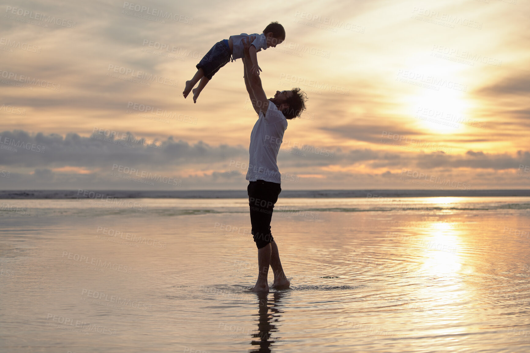 Buy stock photo Dad, boy and happy at beach with lifting up for summer holiday, break and bonding in Australia. Parent, father and kid in ocean for child development or growth on vacation, adventure or trip together