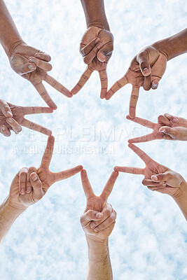 Buy stock photo Hands in circle star, blue sky and community in collaboration for global support, trust and diversity. Teamwork, hand and summer sunshine, positive mindset and group of people in solidarity huddle.