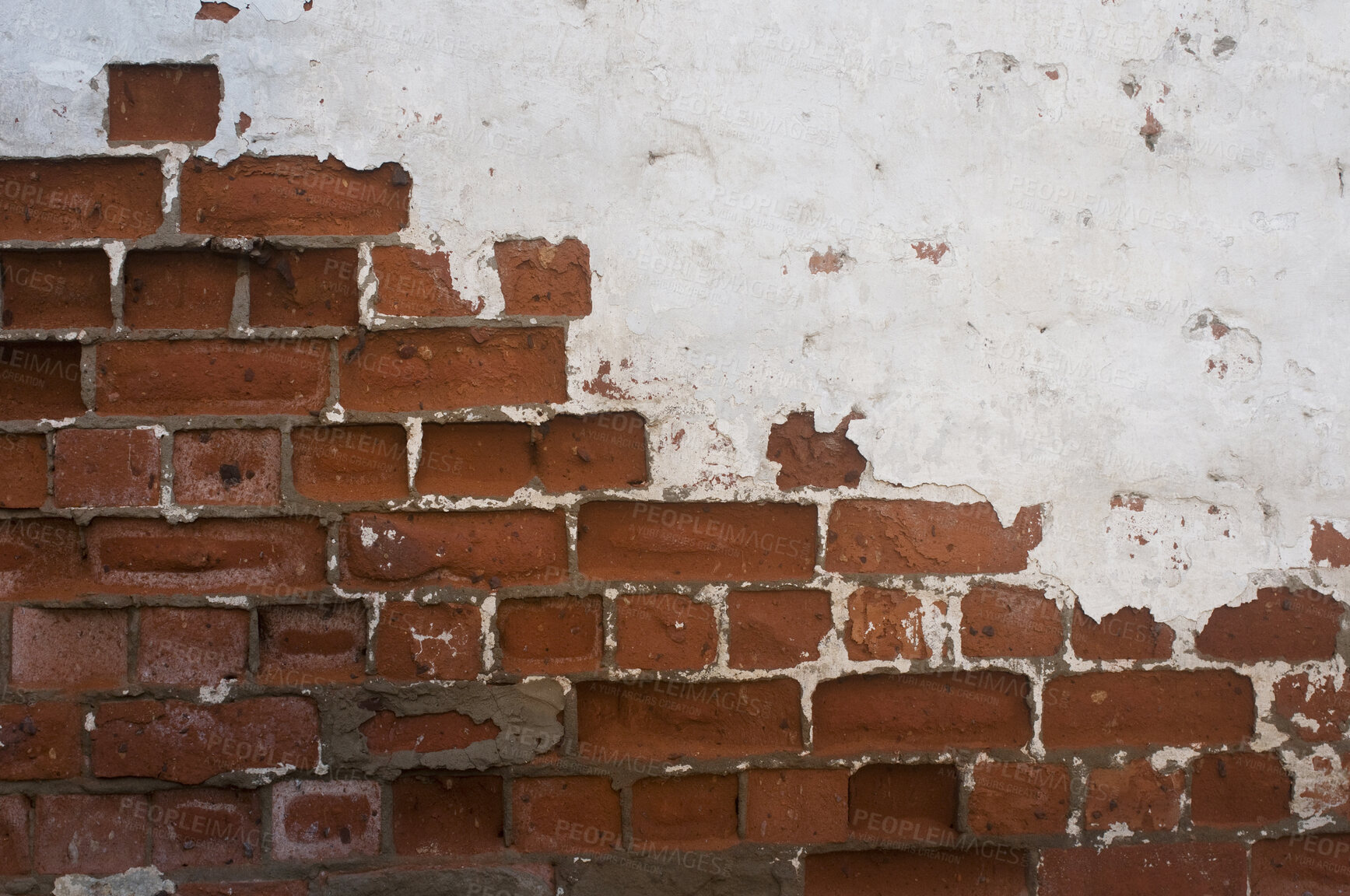 Buy stock photo Brick wall peeling. Paint peeling from a brick wall