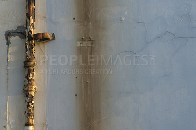 Buy stock photo Rusty drain pipe. Rusty drain pipe against cracked paint wall