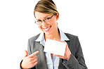 Businesswoman isolated holding blank card. Happy businesswoman holding a blank card