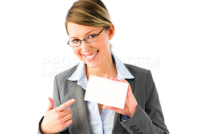 Buy stock photo Businesswoman isolated holding blank card. Happy businesswoman holding a blank card