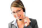 Call center woman using headset. Young operator using headset