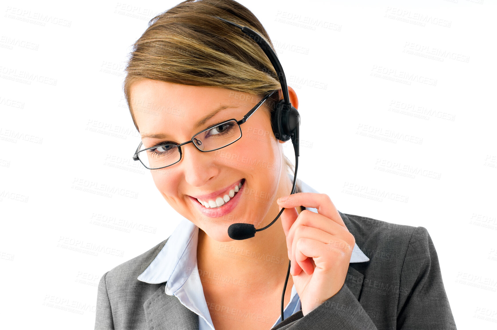 Buy stock photo Call center woman using headset. Young operator using headset