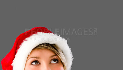 Buy stock photo Woman wearing christmas hat. Thinking woman with Christmas hat