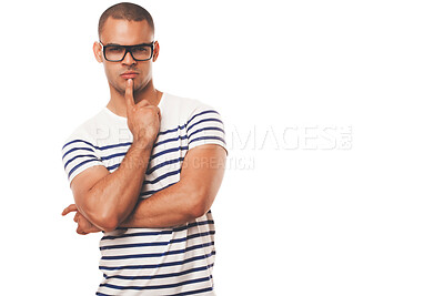 Buy stock photo Man, studio and thinking for fashion with glasses, model and for optometry with mock up for eyewear sale. Choice, hand gesture for option with customer, optical vision and deal and promotion idea