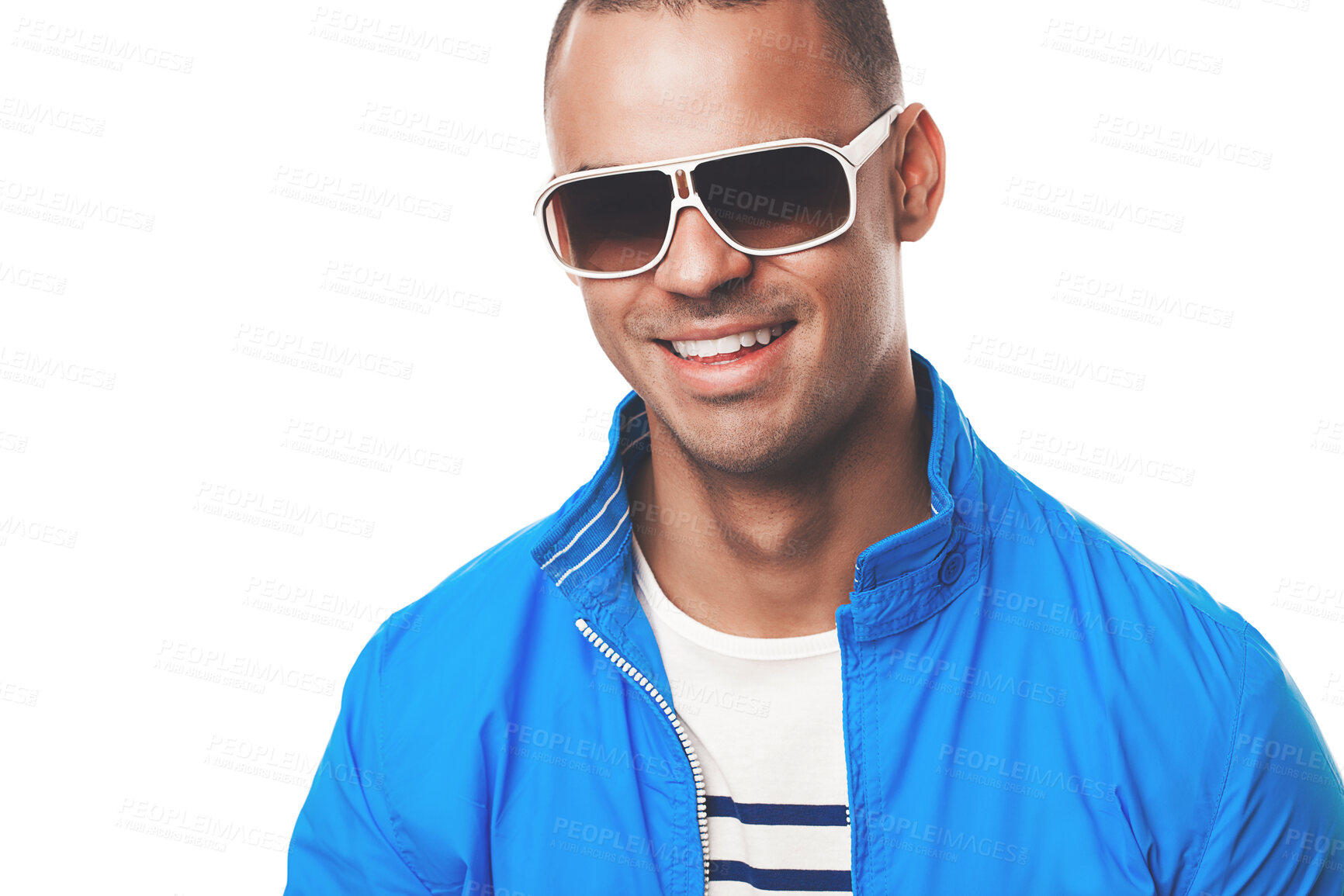 Buy stock photo Man, happy and studio fashion with sunglasses, model and summer eyewear with confident male person. White background, stylish and trendy with face accessory, isolated and wearing eye care with smile