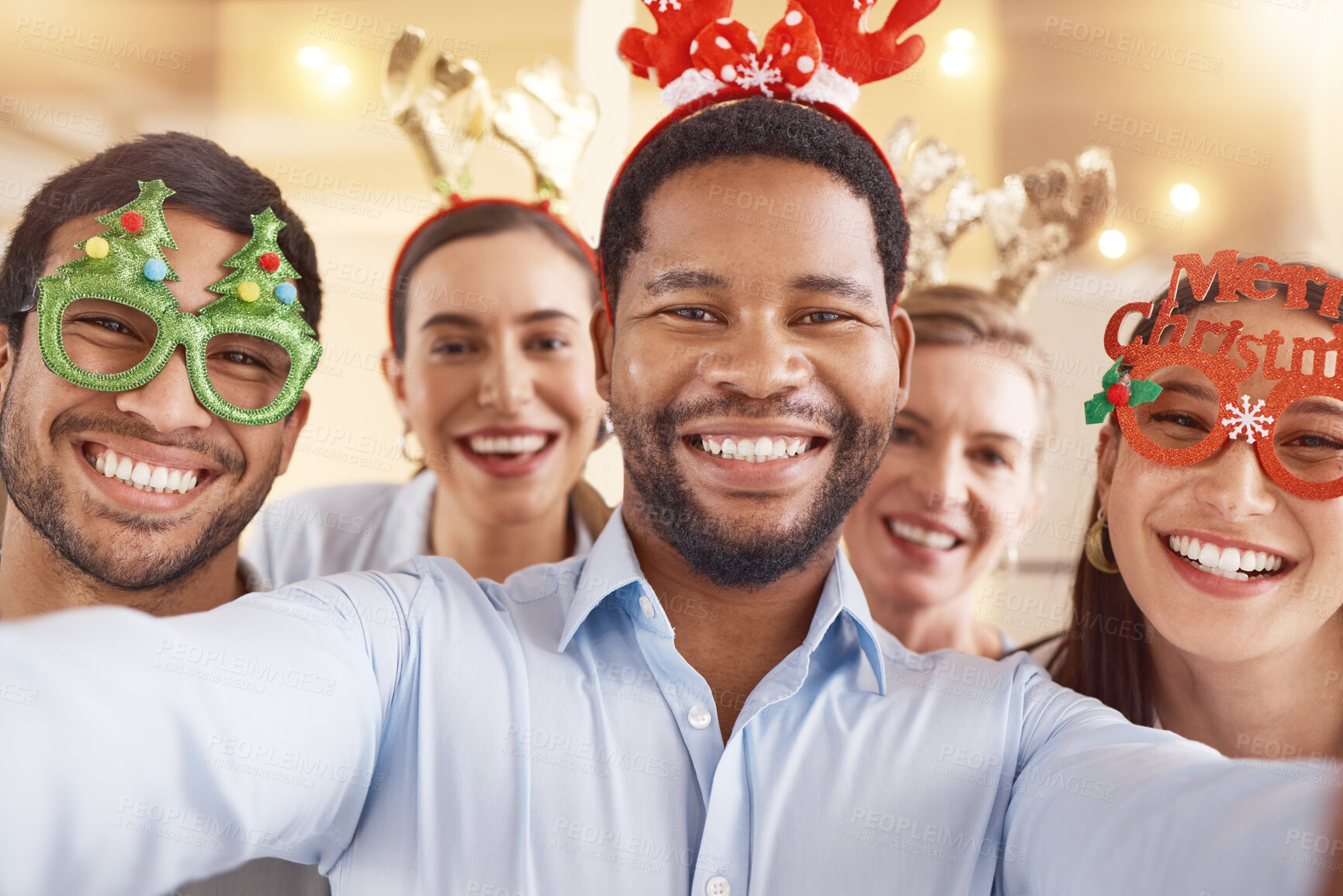 Buy stock photo Christmas, portrait and selfie of happy team of business people together for diversity in office celebration. Face, xmas picture and group of friends at party, holiday or consultant at festive event