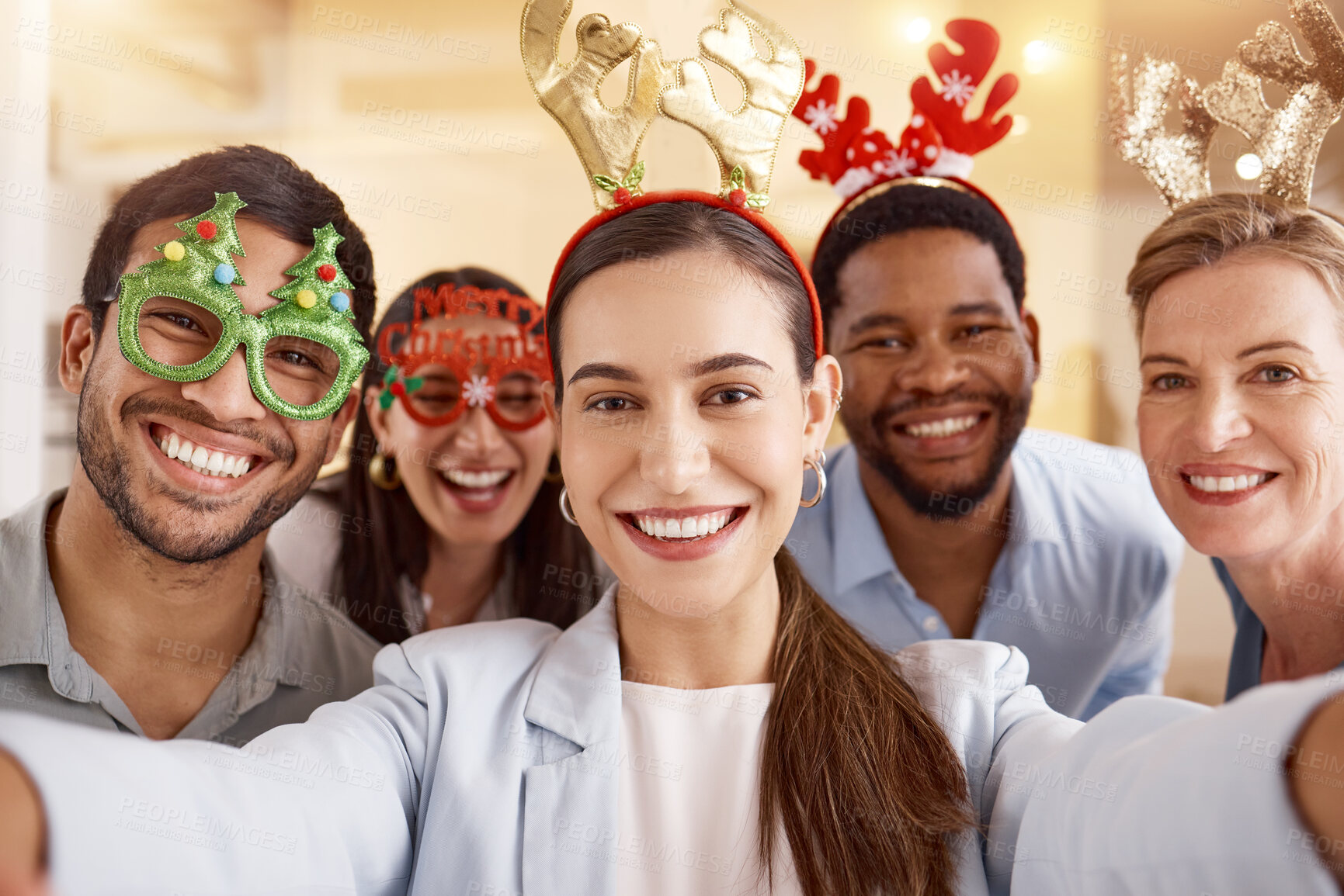 Buy stock photo Christmas, portrait and selfie of happy group of business people together for team diversity in office celebration. Face, xmas and picture of friends at party, holiday or consultant at festive event