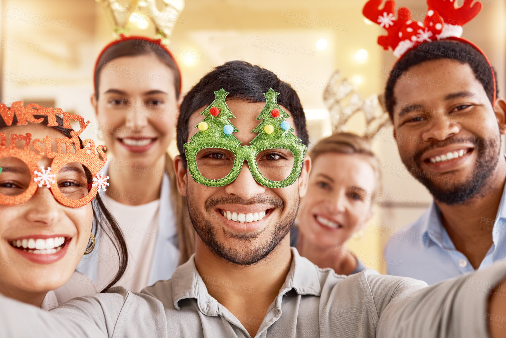 Buy stock photo Christmas, portrait and selfie of happy team of business people together for diversity in office celebration. Face, xmas picture and group of friends at party, holiday or consultant at festive event
