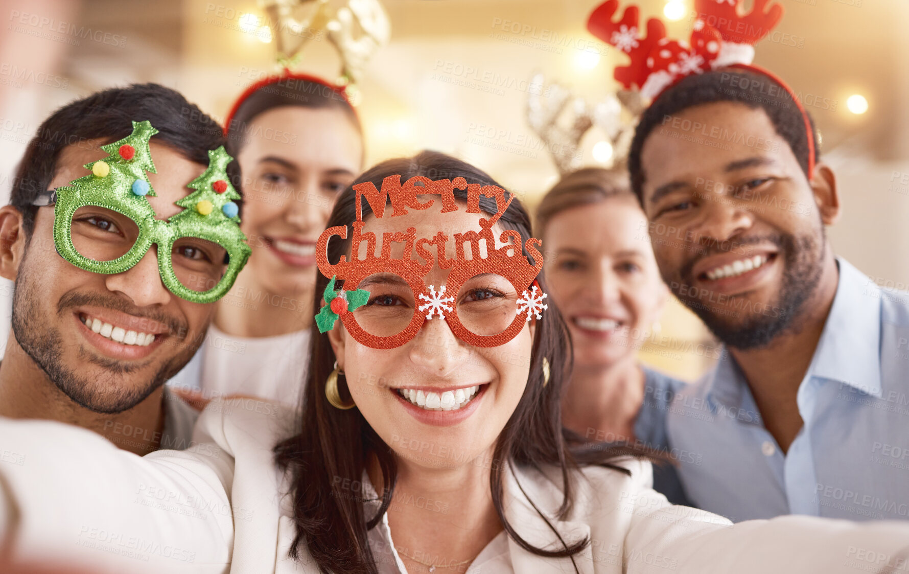 Buy stock photo Christmas selfie, portrait and happy team in office for diversity or celebration of business people together. Face, xmas picture and group of friends at party, holiday or consultant at festive event