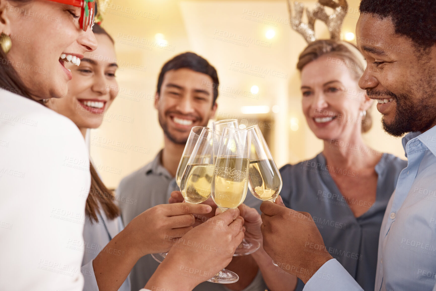 Buy stock photo Success, people and holiday party with toast, champagne and elegant team, Christmas and celebration together. Team, smile and cheers for achievement, wine glasses and happiness at event and alcohol