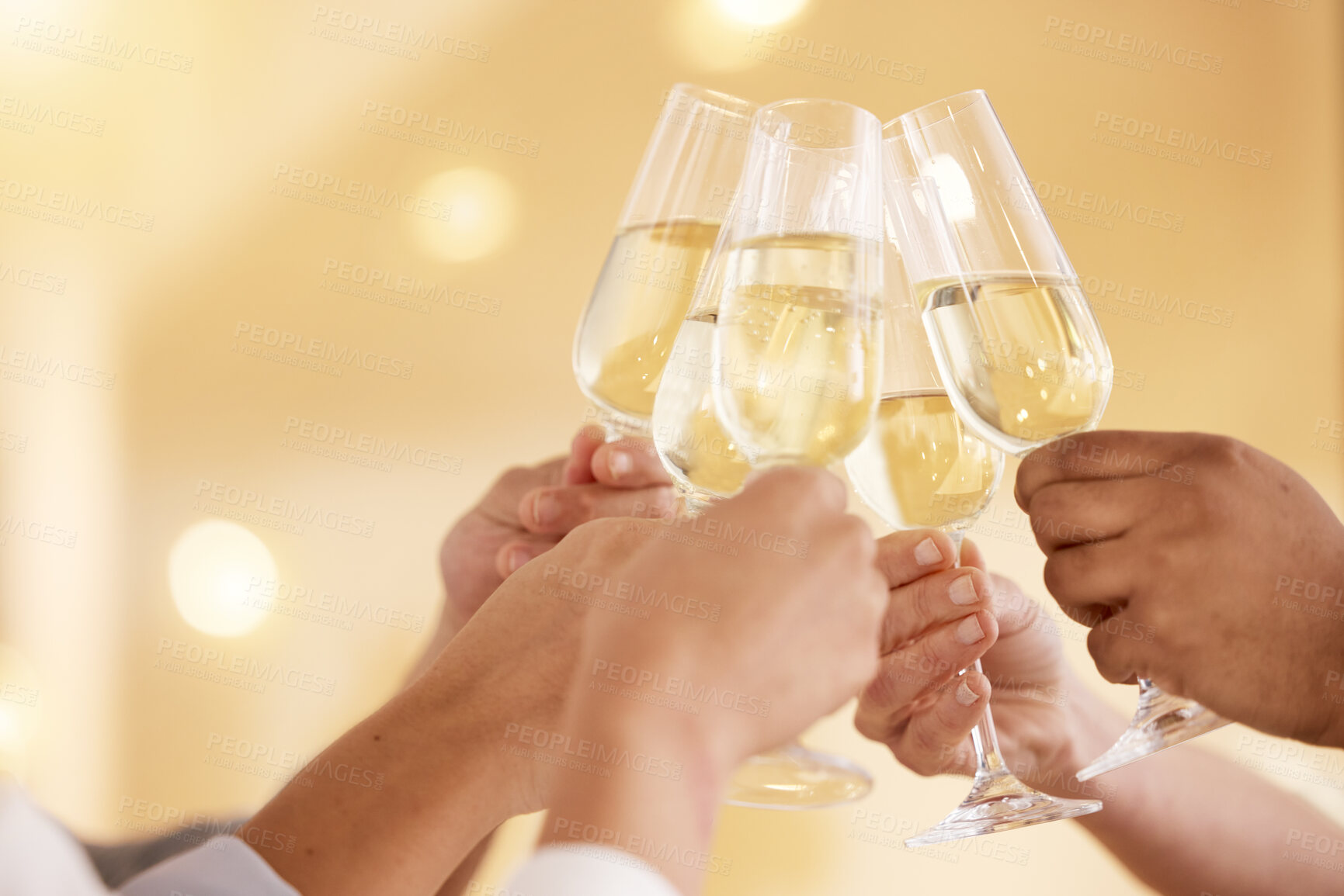 Buy stock photo Success, hands and holiday party with toast, champagne and elegant people, Christmas and celebration together. Team, social and cheers for achievement, wine glasses and happiness at event and alcohol