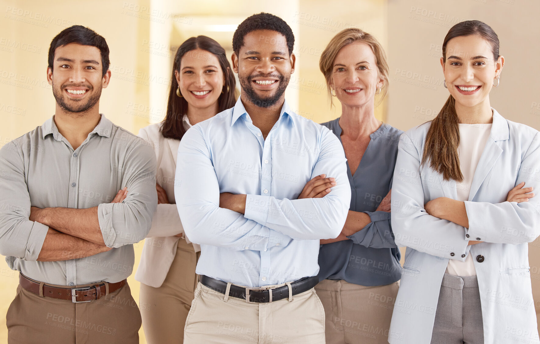 Buy stock photo Business people, diversity and portrait with arms crossed in workplace for team building and collaboration. Men, women and partnership for international company and startup project in office