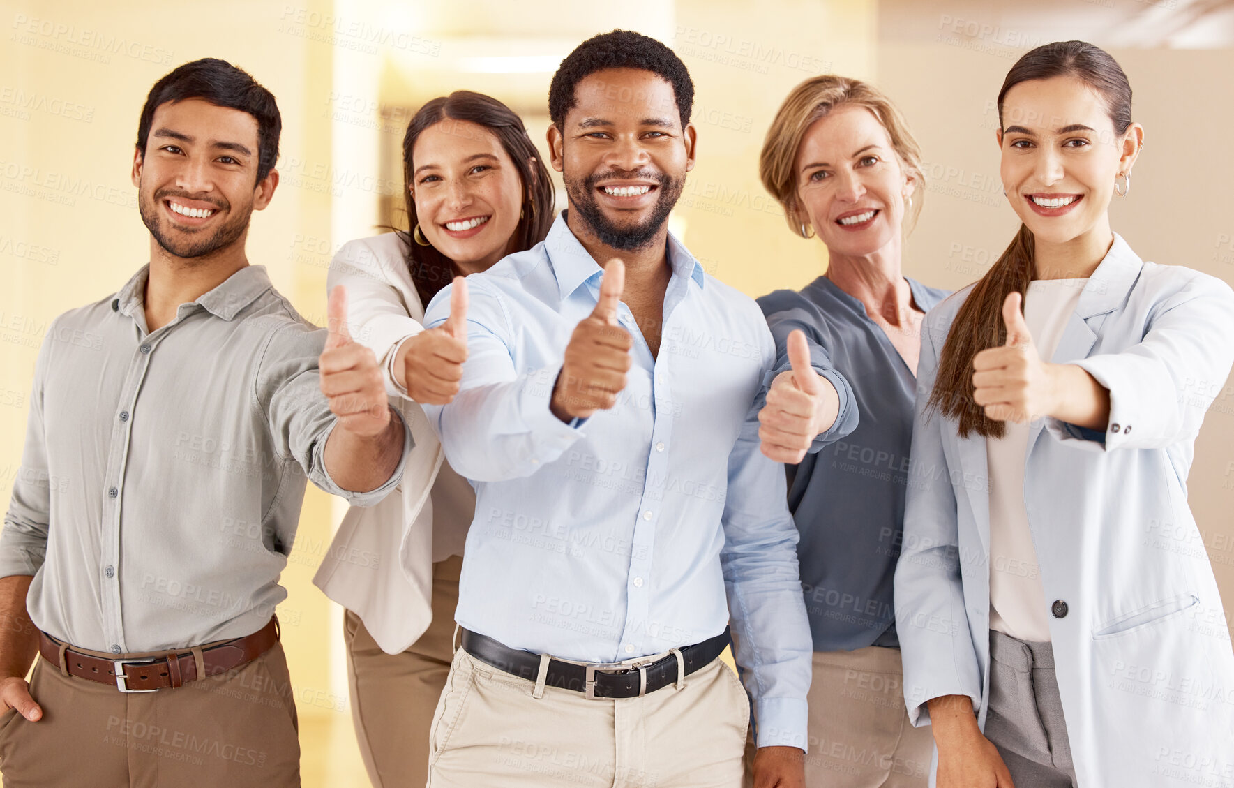 Buy stock photo Group, business and people with thumbs up for agreement in portrait for achievement, success and support for goal at work. Diverse, staff and leader with smile for thanks, teamwork and winner 