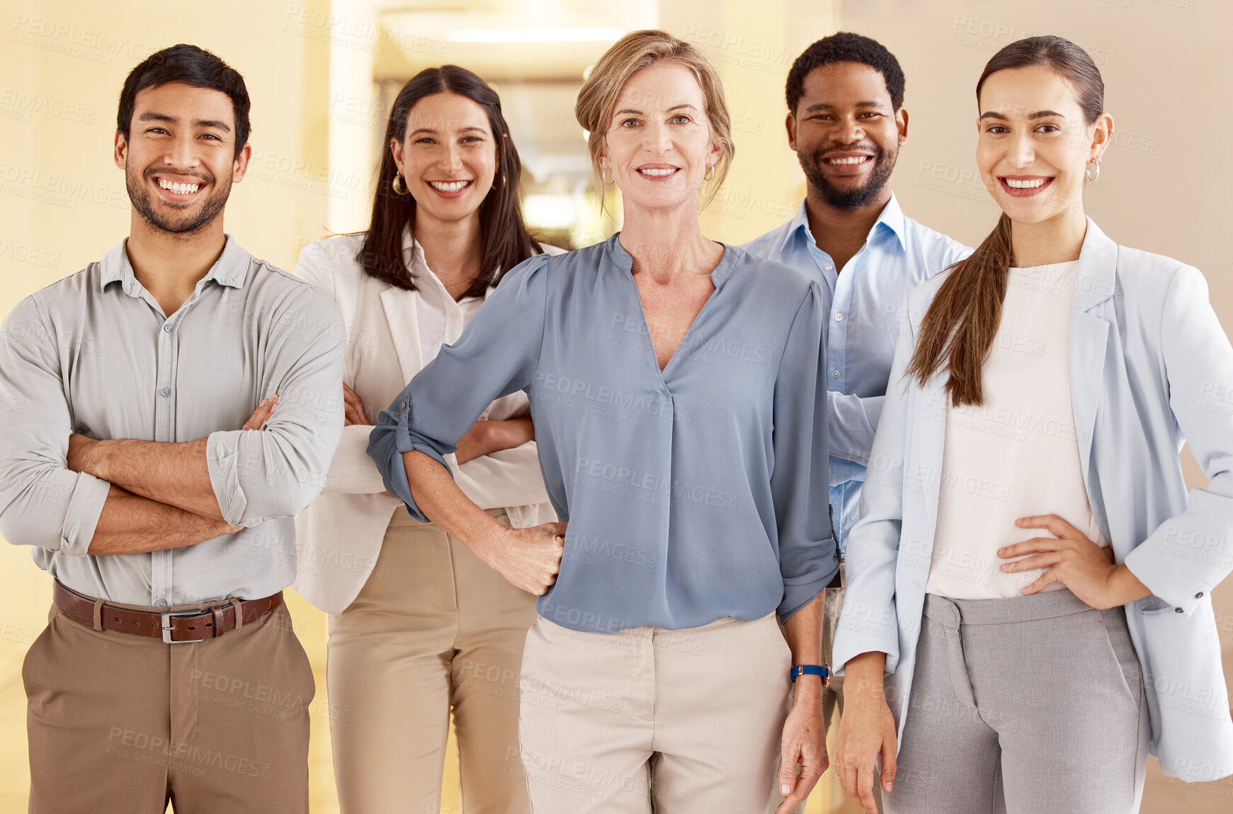 Buy stock photo Portrait, diversity and happy business people in workplace for leadership, team and collaboration. Men, women and partnership for international company, startup project and together with pride 