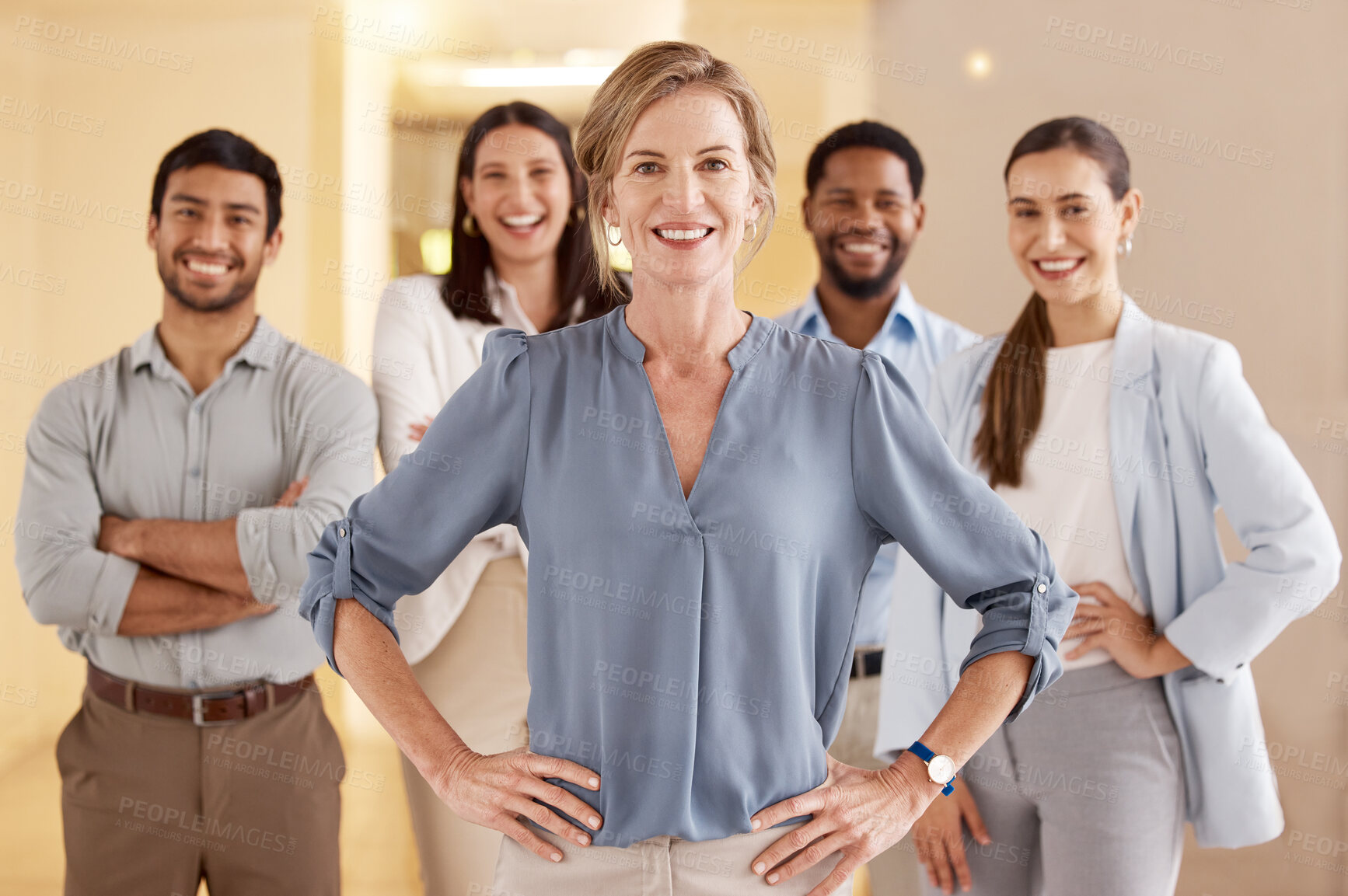Buy stock photo Female leader, team and support in office for recruitment, human resources and teamwork in lobby. Woman, confident and hiring staff for welcome in portrait, company and new career opportunity