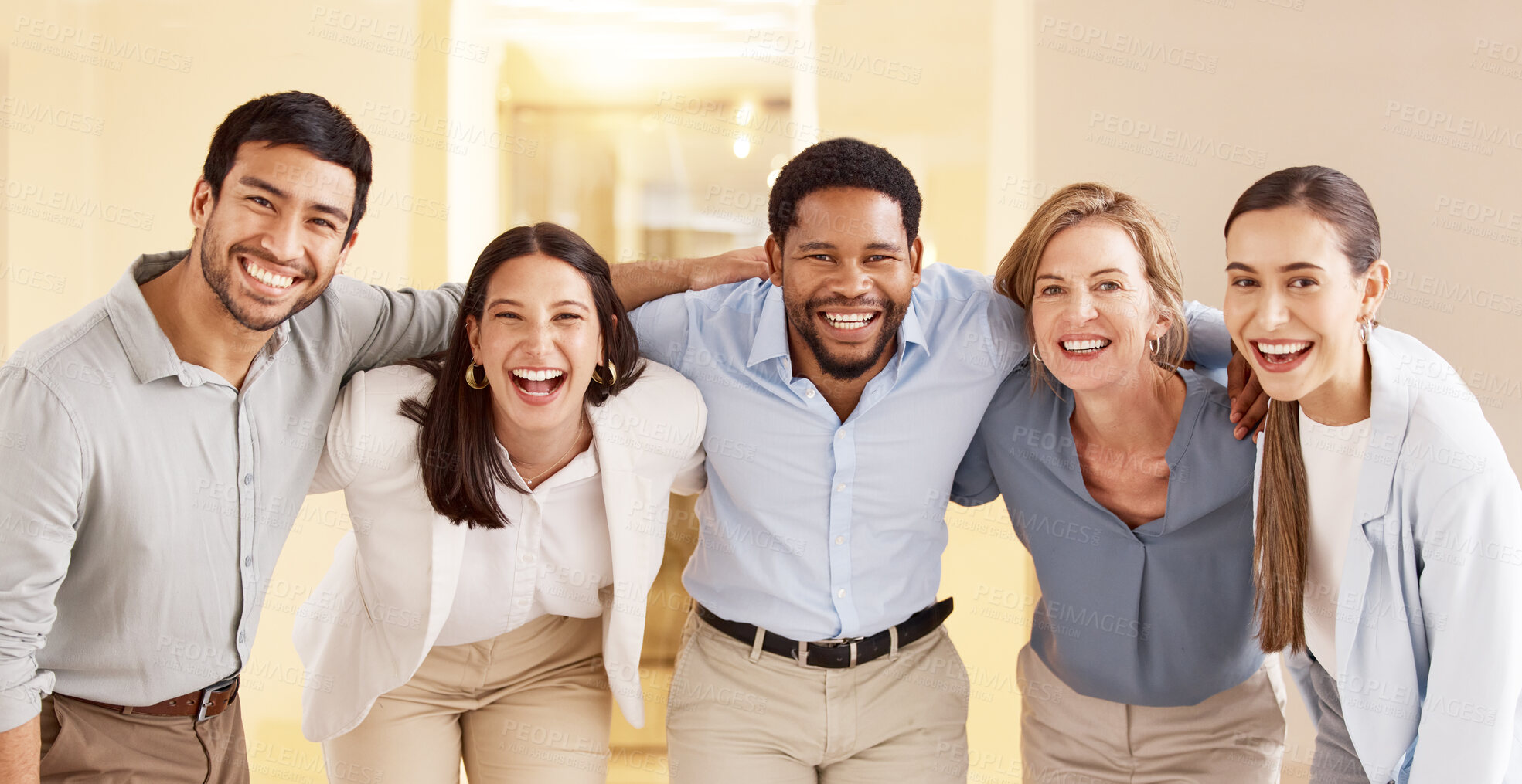 Buy stock photo Happy, teamwork and portrait of business people in office for diversity, unity and staff at startup. Smile, collaboration and group of creative designers hugging for solidarity in career at workplace