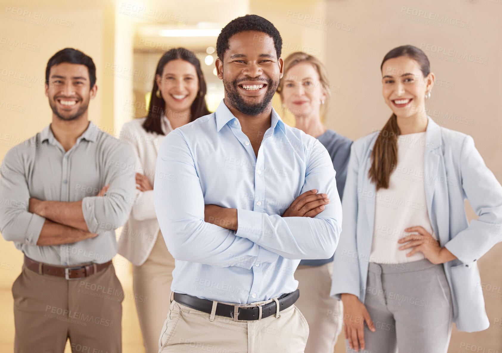 Buy stock photo Confident, business and people in group for portrait with teamwork, collaboration and support of leadership for goal growth. Smile, staff and arms crossed with pride, trust and together in office