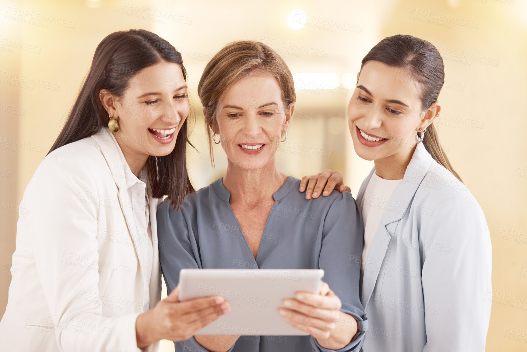 Buy stock photo Business woman, office and tablet, planning and discussion of colleagues happy for finance report together. Employees, feedback and training with mentor, collaboration and communication for work