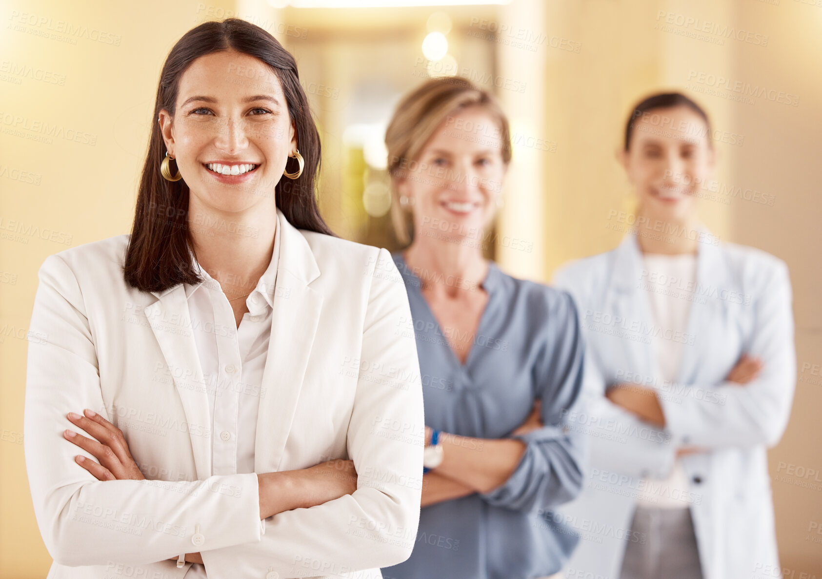 Buy stock photo Smile, crossed arms and portrait of business women in office for diversity, unity and staff at startup. Happy, collaboration and group of creative designers with confidence in career at workplace.