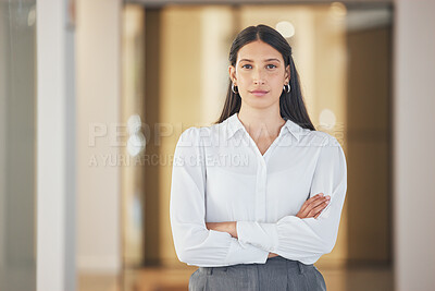 Buy stock photo Business, office and portrait of woman with confidence, professional pride and legal advisor in HR. Arms crossed, trust and reliable lawyer, human resources consultant or attorney at labor law firm