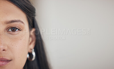 Buy stock photo Split face, mockup and portrait of a woman with clean, glow and healthy skin in studio. Beauty, skincare and closeup zoom of female model by background with mock up space for advertising or marketing