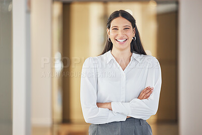 Buy stock photo Smile, office and portrait of woman with confidence, professional pride and legal advisor in HR job. Arms crossed, business and happy lawyer, human resources consultant or attorney at labor law firm