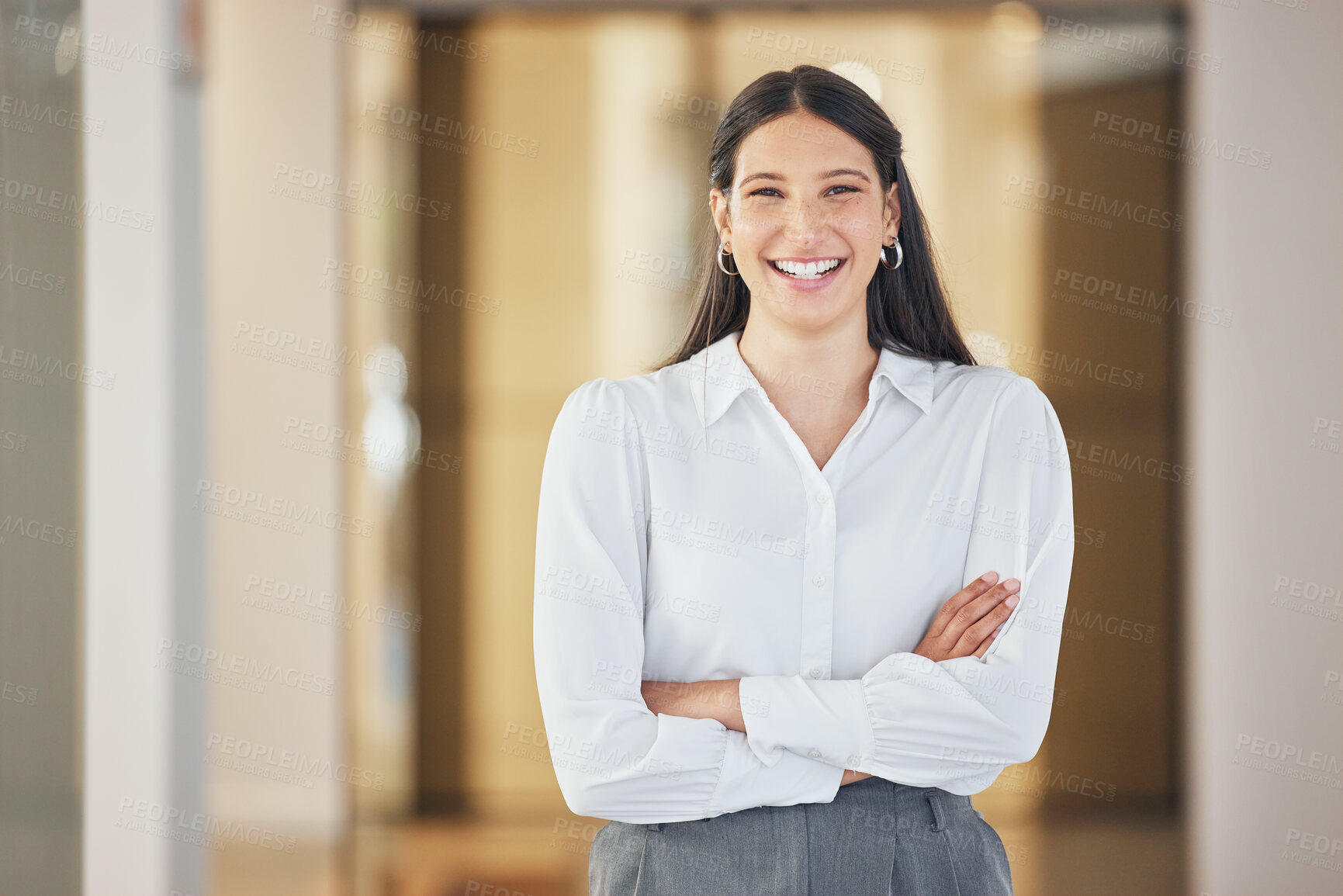 Buy stock photo Smile, office and portrait of woman with confidence, professional pride and legal advisor in HR job. Arms crossed, business and happy lawyer, human resources consultant or attorney at labor law firm