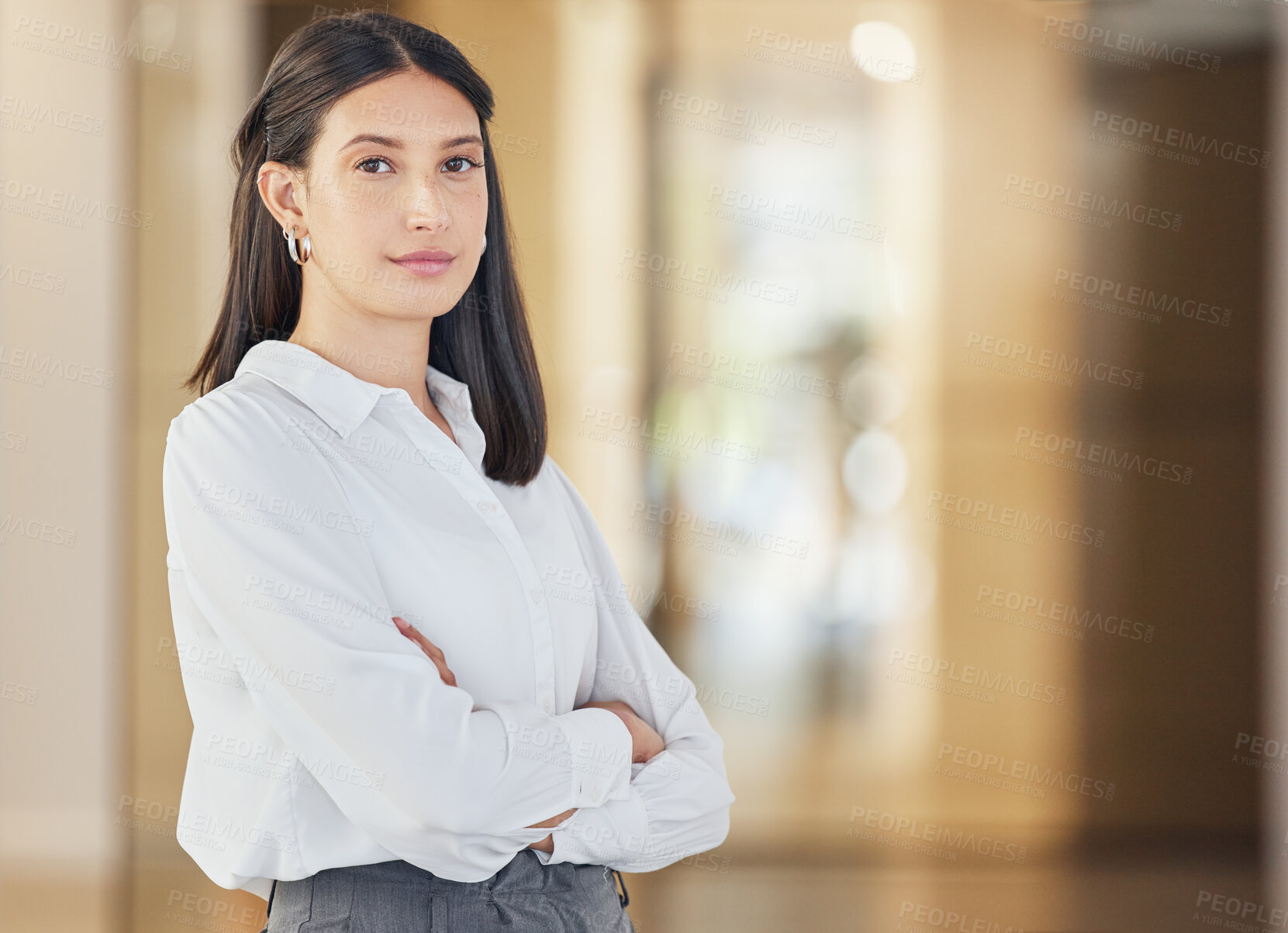 Buy stock photo Office, lobby and portrait of woman with confidence, professional pride or legal advisor at HR business. Arms crossed, trust and reliable lawyer, human resources consultant or agent at labor law firm