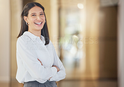 Buy stock photo Business, smile and portrait of woman with confidence, professional pride or legal advisor in HR office. Arms crossed, trust and happy lawyer, human resources consultant or attorney at labor law firm