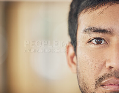 Buy stock photo Closeup, serious and half face of man with advertising mockup, skincare and thinking for skin health. Portrait zoom, Asian guy and banner for dermatology thoughts with natural glow and beauty ideas