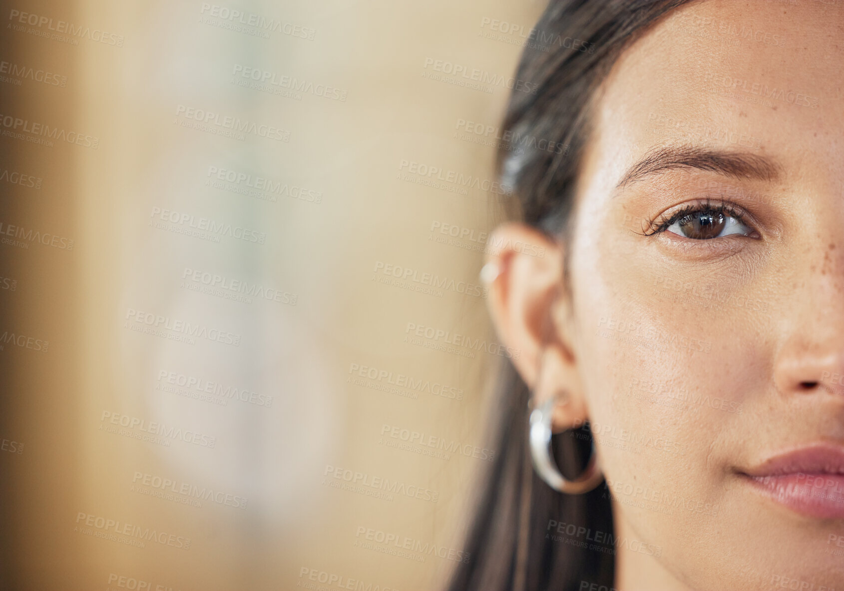 Buy stock photo Half face, mockup and portrait of a woman with clean, glow and healthy skin in a studio. Beauty, natural and closeup zoom of female model by background with mock up space for advertising or marketing