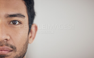 Buy stock photo Closeup, serious and half portrait of man with mockup space, clean skincare and skin health for wellness. Face zoom, Asian guy and banner for dermatology with beauty, natural glow and salon aesthetic