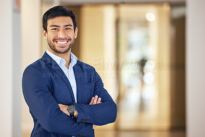 Buy stock photo Confident, portrait and a businessman with arms crossed for corporate company, job and professional career. Happy, suit and a young Asian employee with a smile, pride and happiness at the office