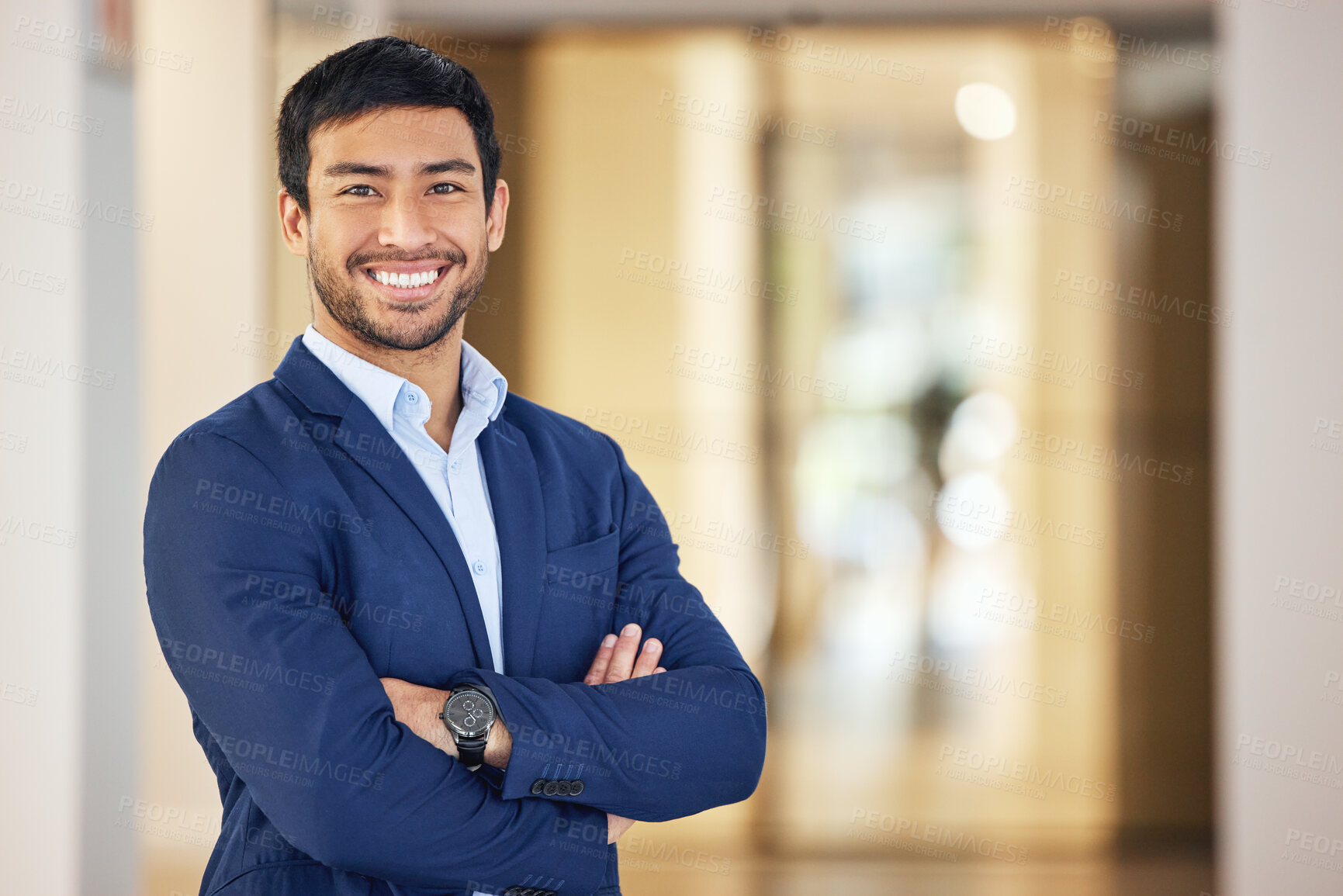 Buy stock photo Confident, portrait and a businessman with arms crossed for corporate company, job and professional career. Happy, suit and a young Asian employee with a smile, pride and happiness at the office