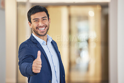 Buy stock photo Happy businessman, portrait and vote with thumbs up for success, winning or review at office. Young man or employee with smile, like emoji or yes sign for thank you, positive attitude or feedback