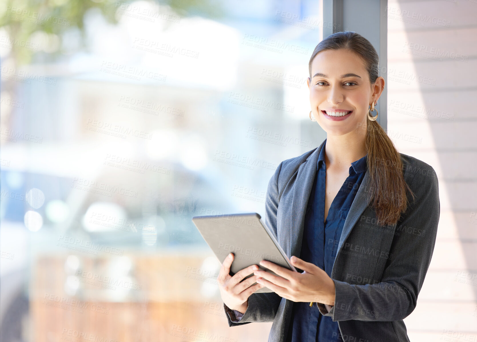 Buy stock photo Portrait, happy and business woman with tablet by property for investment, real estate or home loan. Realtor, technology and female person with sale for networking, communication or open house