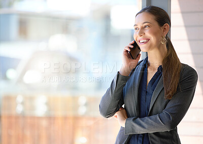 Buy stock photo Happy woman, business and discussion with phone call by window for proposal or communication at office. Female person, employee or smile on mobile smartphone for corporate conversation at workplace