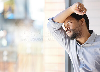 Buy stock photo Black man, window and thinking with stress for business, project deadline and doubt for startup agency. African entrepreneur, frustrated thoughts and guy in office for company debt and budget mistake