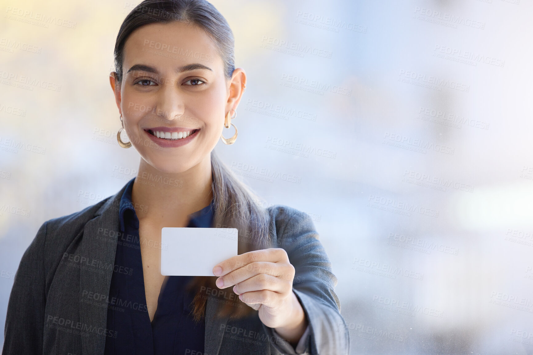 Buy stock photo Happy woman, portrait and advertising with business card for career, opportunity or job information at office. Female person or employee with blank page, paper or marketing service at workplace 