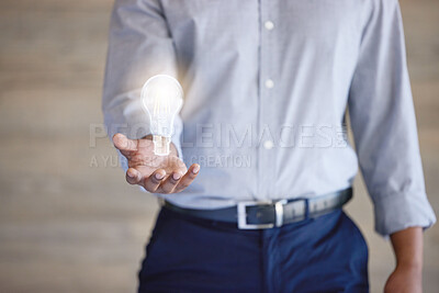 Buy stock photo Man, hand and light bulb for business innovation with investment goals and finance knowledge in startup. Accountant guy, electricity glow and hologram in palm with strategy ideas for investing money